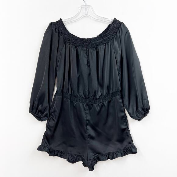 BEBE Satin Off-The Shoulder Romper Ruffled Trim Long Sleeve Shorts Black Women S - Picture 2 of 8